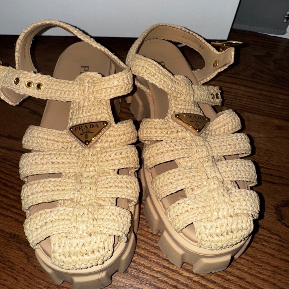 PRADA Monolith Crochet Cage Sandals Beige Khaki- 39 - Picture 5 of 14